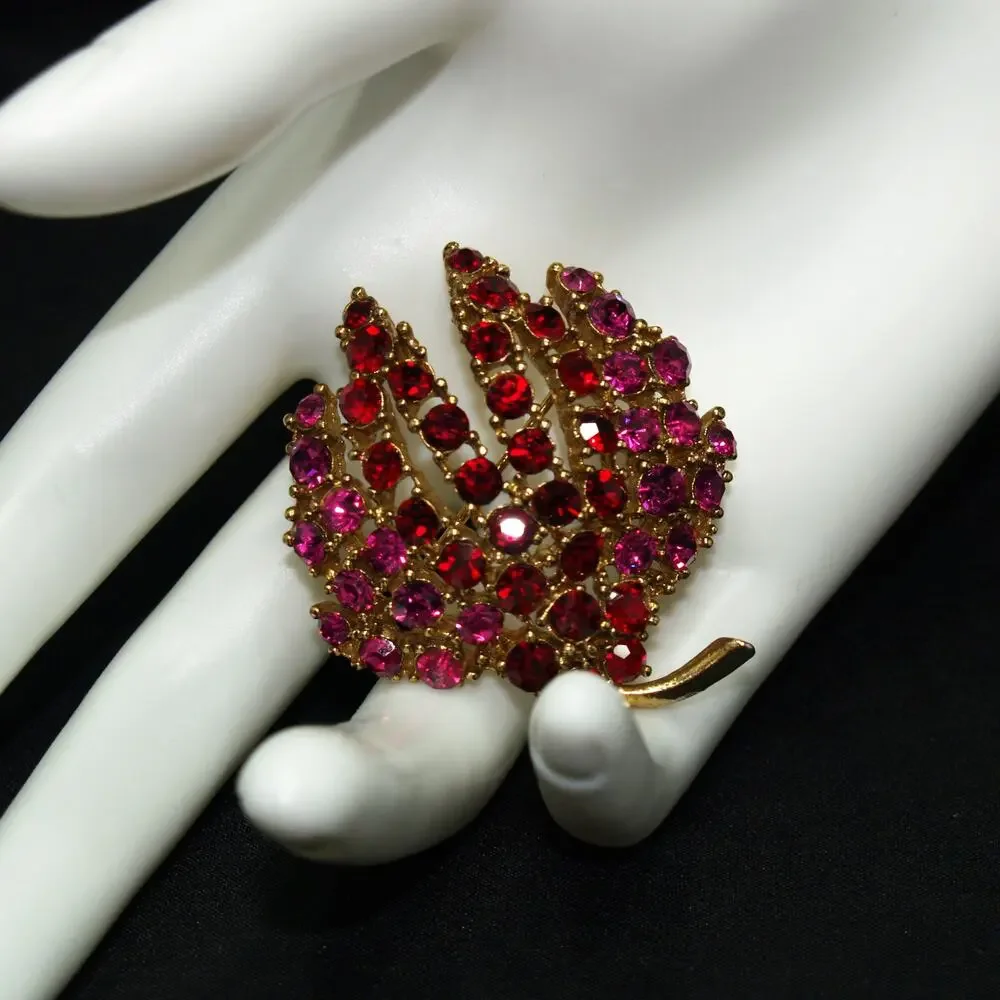 Vintage Floral Red Pink Rhinestone Brooch, Gold Tone, 1990s Jewelry
